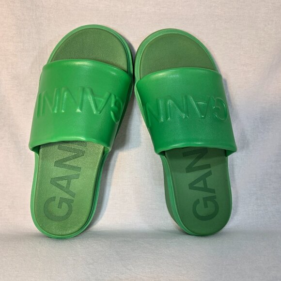 GANNI Green Vegea Slides Embossed Logo Slip-On Flat Platform Sandals Size 8.5/9. - Picture 6 of 16
